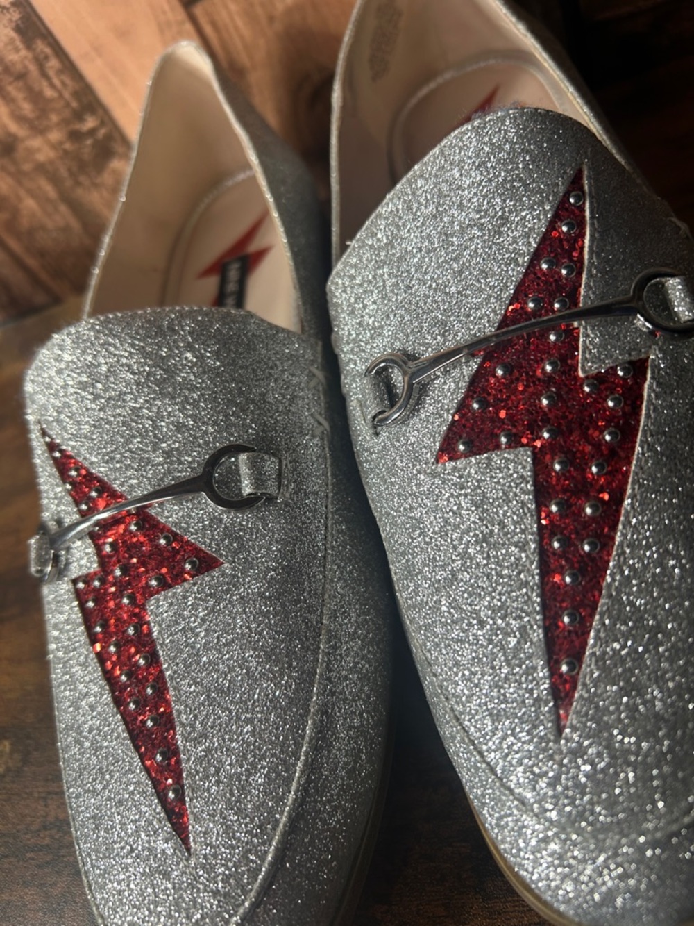 Nine West Silver Glitter Slip-On Loafers with Red Lightning Detail - Picture 14 of 16